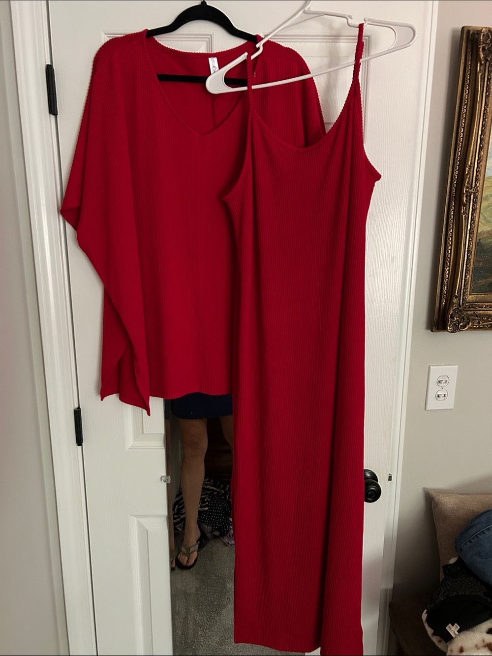 Red Ribbed Maxi Slip Dress with Matching Top Set